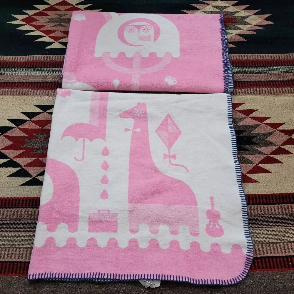 Two Jonathan Adler Junior Cotton‎ Flannel Animal Baby Child Blanket Pink White